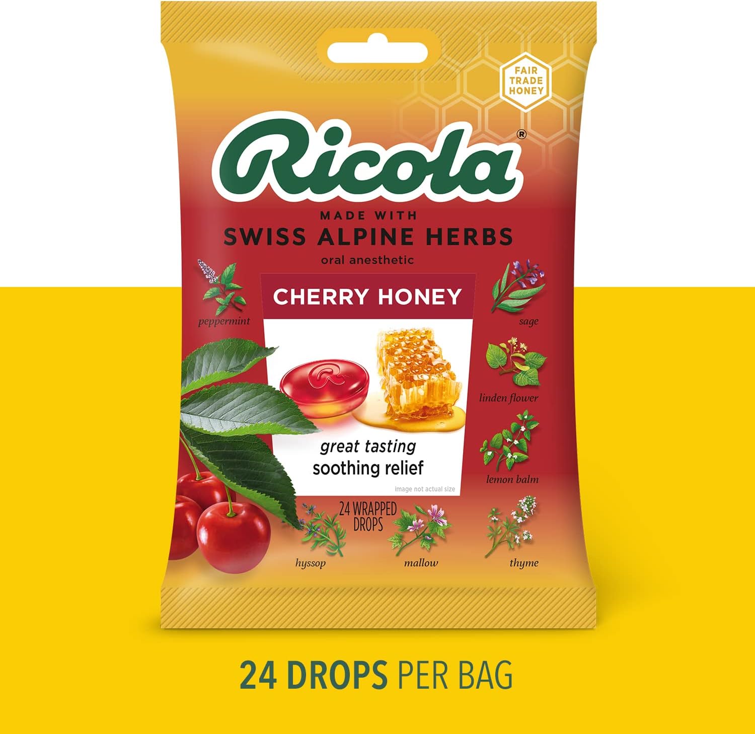 Ricola Cherry Bag | Cough Suppressant Throat Drops | Naturally Soothing Long-Lasting Relief - 24 Count (Pack of 1)