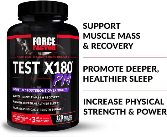 Force Factor Test X180 PM Testosterone Booster for Men, Overnight Testosterone Supplement to Build Muscle, Increase Strength, and Promote Deeper, Healthier Sleep and Recovery, 120 Tablets