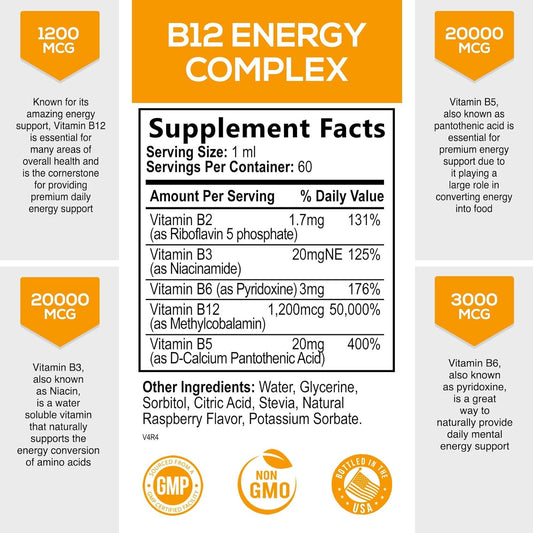 Vitamin B 12 Complex Drops 1200 mcg, Fast Absorption Liquid B12 Support for Energy, Nerves & Immune Health, Methyl B Methylcobalamin Supplement, Vit B Complex Vitamins for Women & Men, Vegan - 2 Fl Oz