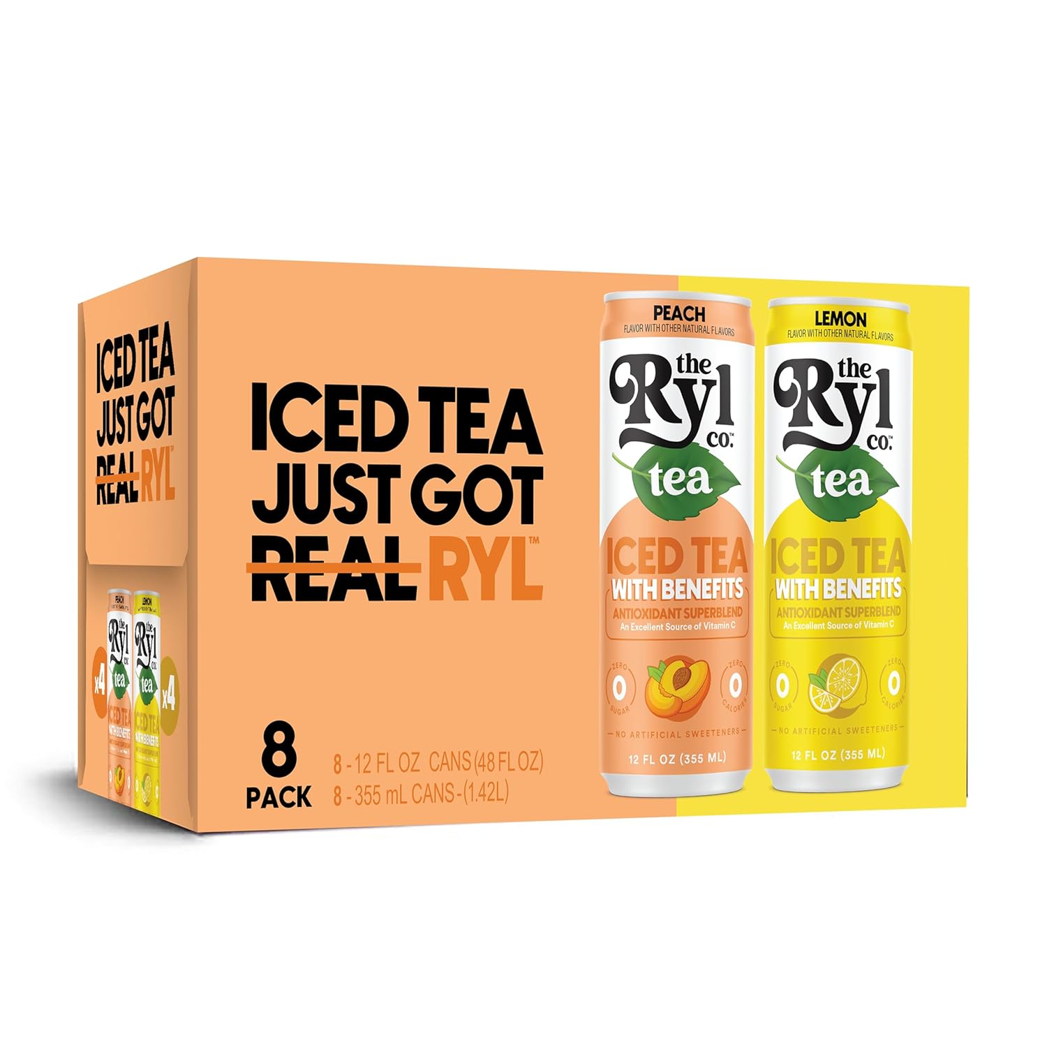 Ryl Iced Tea, Variety Fruit Pack, Peach Tea And Lemon Tea, 12.0 Fl Oz (8-Pack)