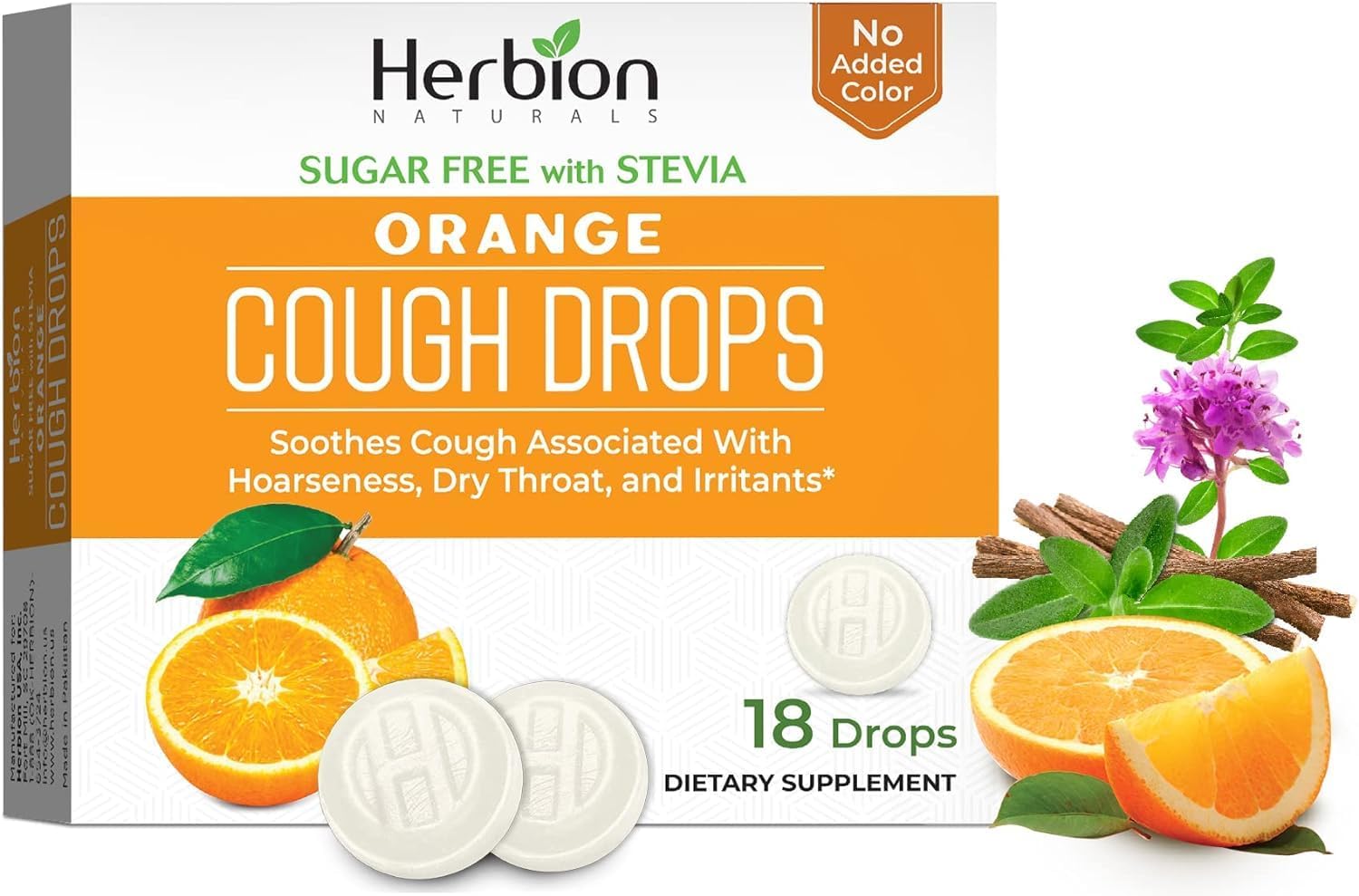 Herbion Naturals Cough Drops with Orange Flavor, Sugar-Free with Stevia, Soothes Cough, For Adults, Children 6 years and above, 6 pack (108 Lozenges) : Health & Household