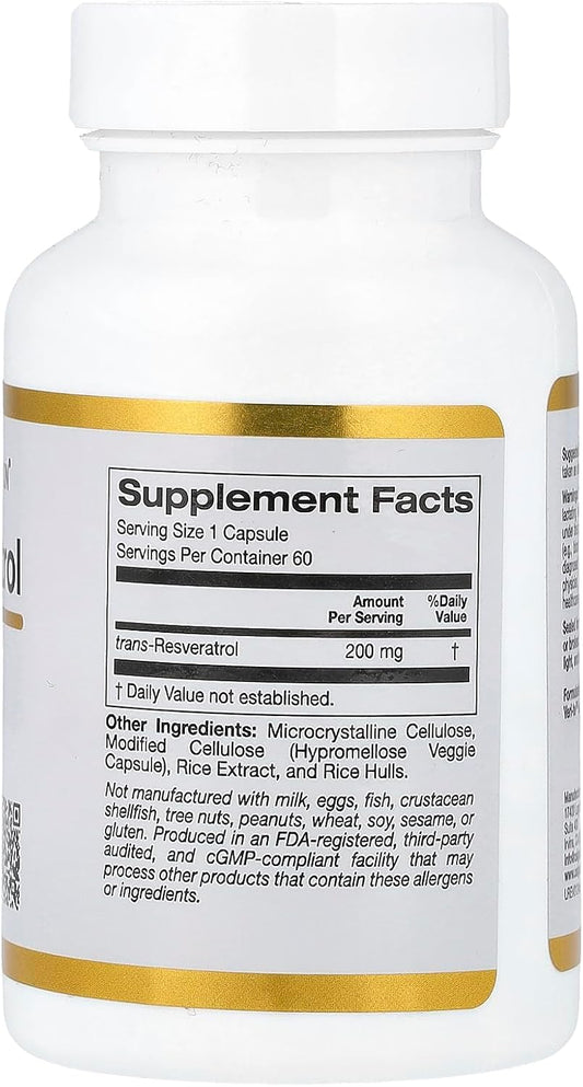 Resveratrol, 98% Pure Trans-Resveratrol, Free Of Emodin & Pahs, Italian Sourced, 200 Mg, 60 Veggie Capsules
