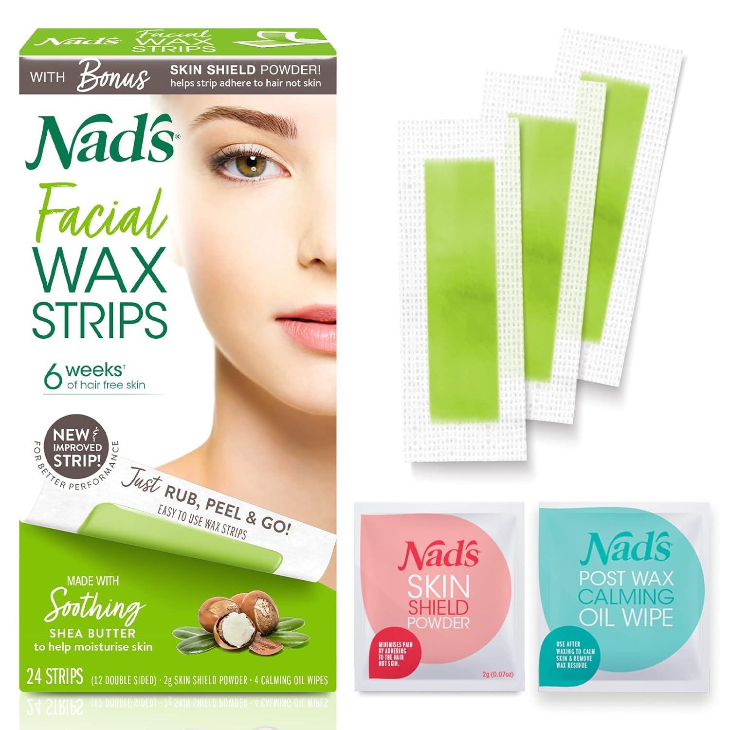 Nad'S Facial Wax Strips - Facial Hair Removal For Women - Waxing Kit With 48 Face Wax Strips + 8 Calming Oil Wipes + Skin Protection Powder