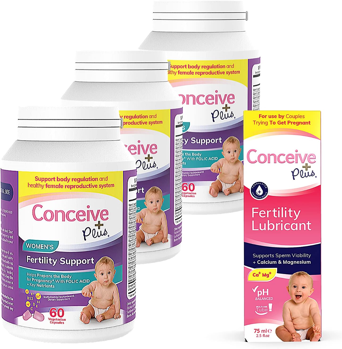 Conceive Plus Women'S 3 Month Supply | Prenatal Vitamins + Fertility-Friendly Lube Conception Fertility Support Supplement (3 X 60 Capsules + 2.5 Ounce Fertility Lubricant)