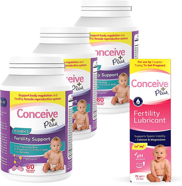Conceive Plus Women'S 3 Month Supply | Prenatal Vitamins + Fertility-Friendly Lube Conception Fertility Support Supplement (3 X 60 Capsules + 2.5 Ounce Fertility Lubricant)
