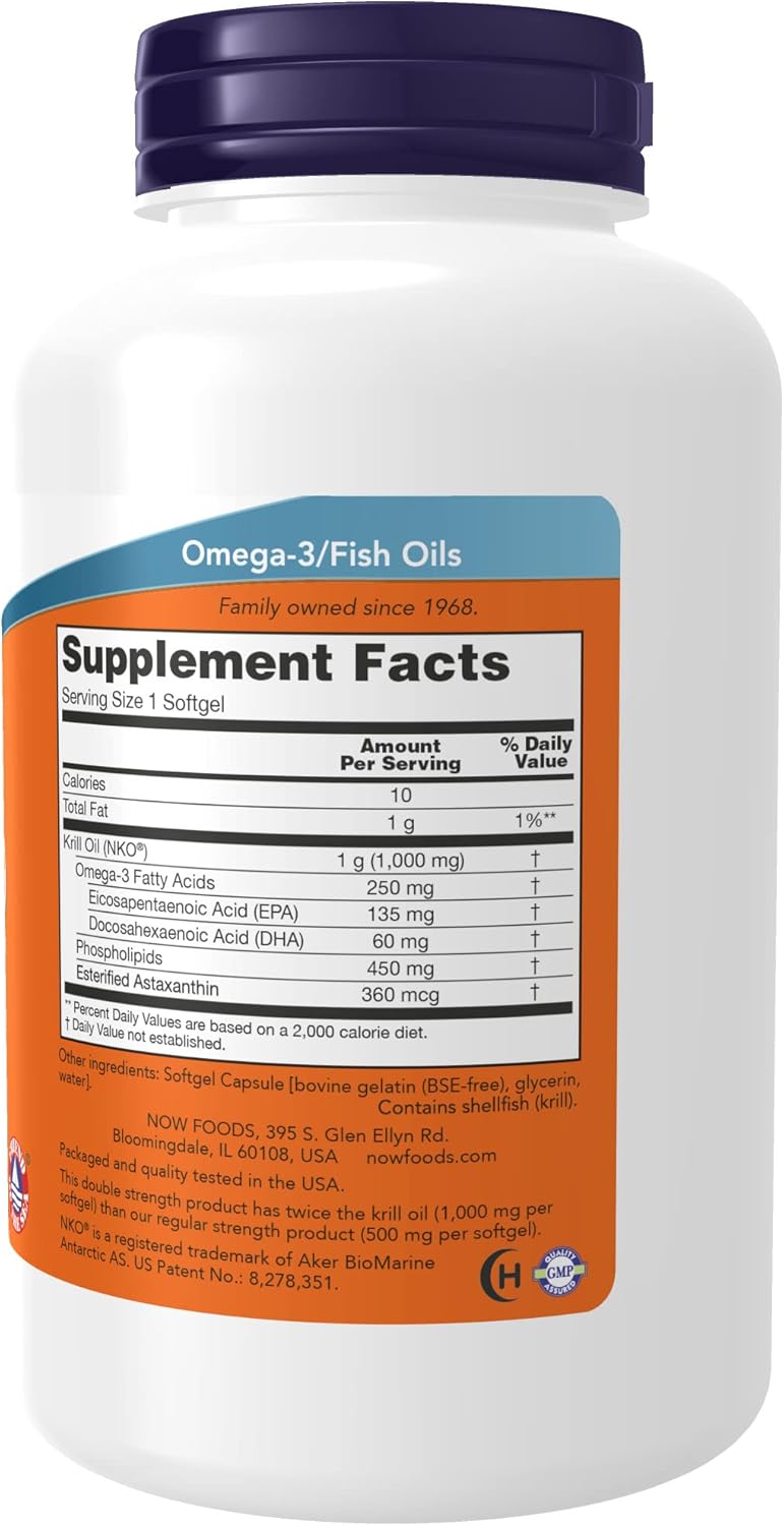 NOW Supplements, Neptune Krill, Double Strength 1000 mg, Phospholipid-Bound Omega-3, 120 Softgels