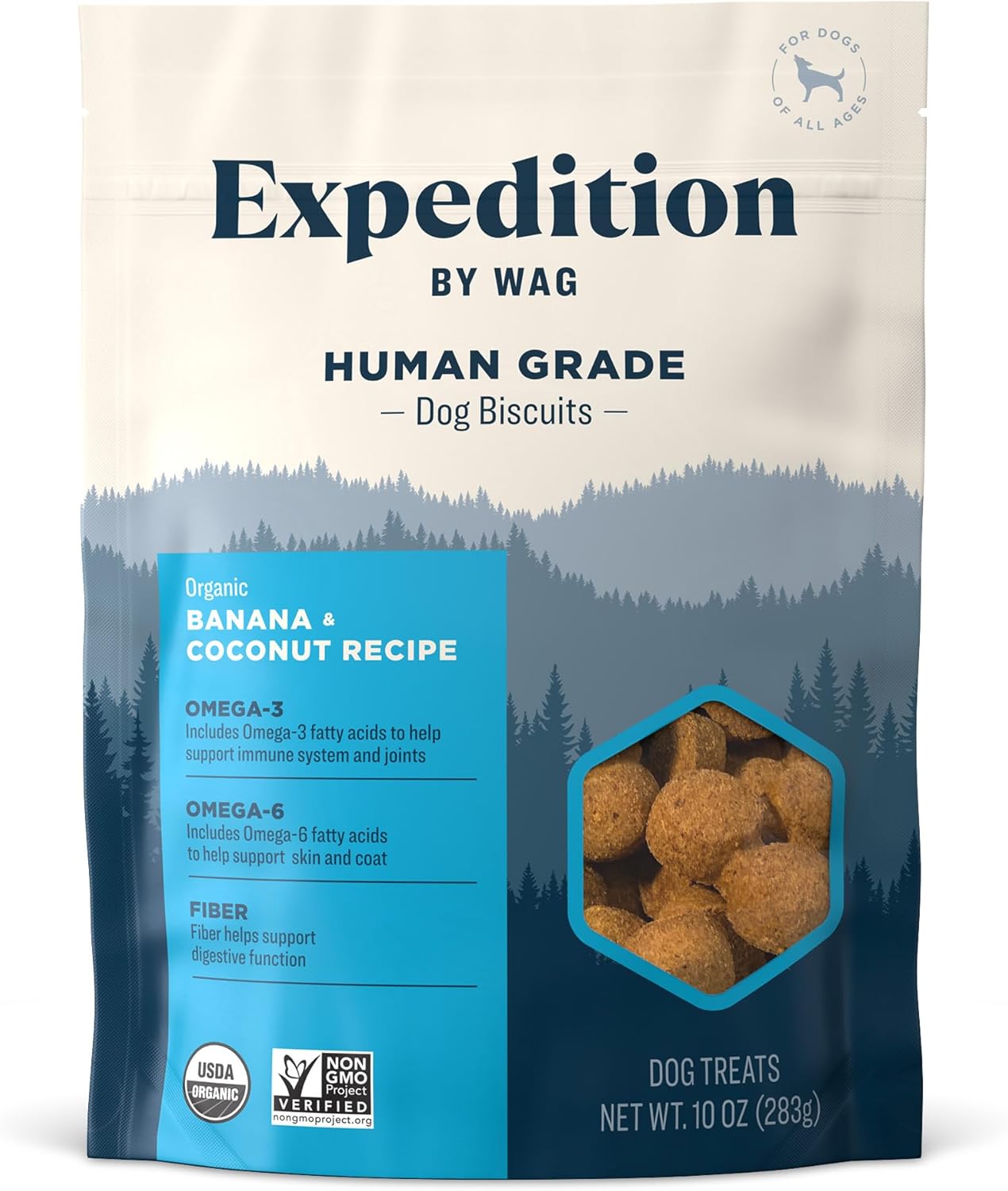 Amazon Brand - Wag Expedition Human Grade Organic Biscuits Dog Treats, Non-Gmo, Banana & Coconut, 10Oz