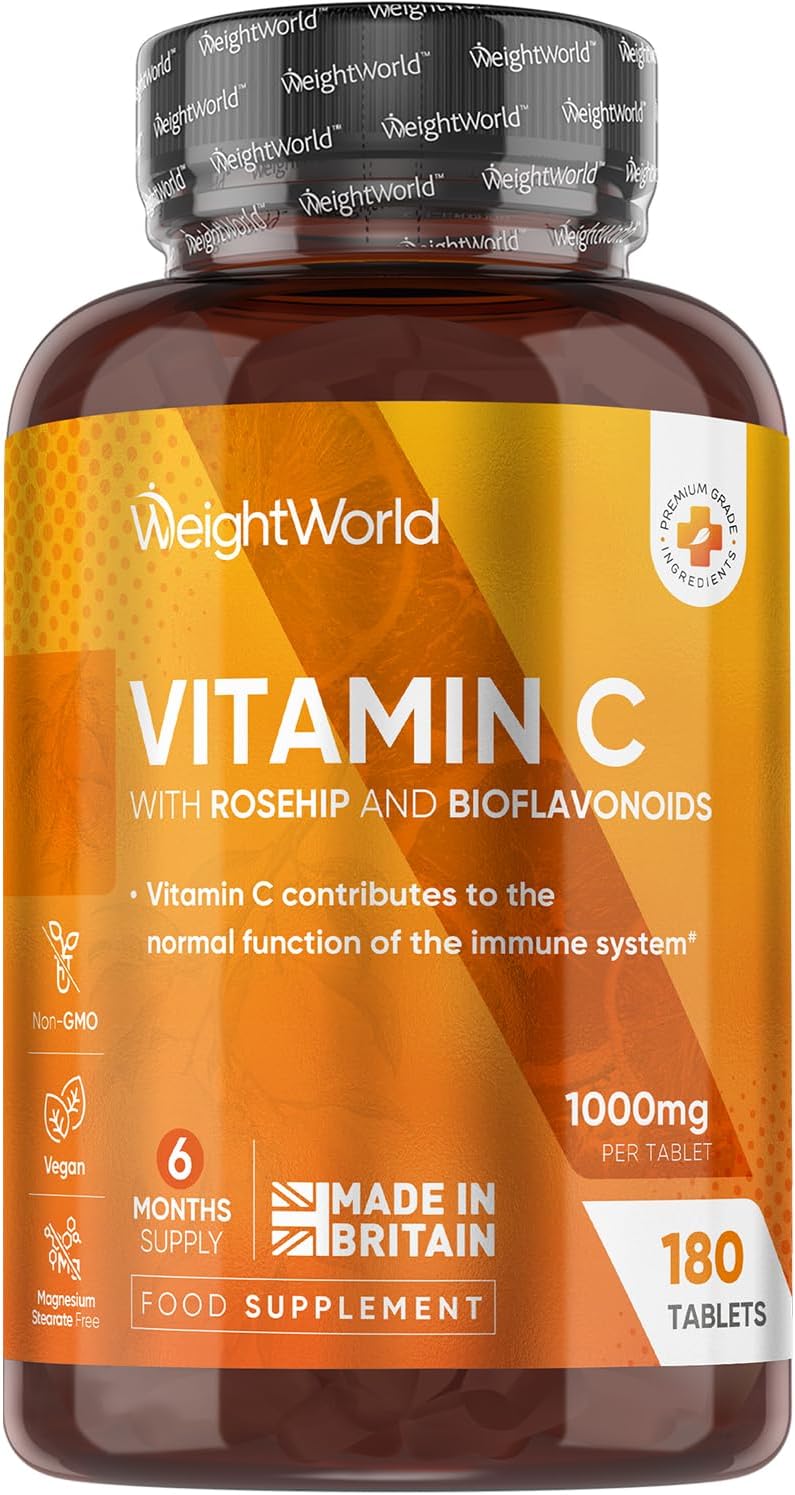 Vitamin C Tablets 1000Mg - 180 Tablets - 6 Months Supply - Added Rosehips & Bioflavonoids - Vegan, Gluten-Free & Non-Gmo - Vit C Supplement (As Ascorbic Acid) - 1 Per Day - Made In The Uk