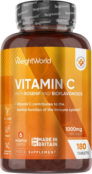 Vitamin C Tablets 1000Mg - 180 Tablets - 6 Months Supply - Added Rosehips & Bioflavonoids - Vegan, Gluten-Free & Non-Gmo - Vit C Supplement (As Ascorbic Acid) - 1 Per Day - Made In The Uk
