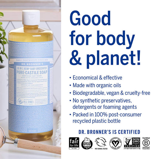 Dr. Bronner’s - Pure-Castile Liquid Soap (Baby Unscented, 1 Gallon) - Made with Organic Oils, 18-in-1 Uses: Face, Hair, Laundry and Dishes, For Sensitive Skin and Babies, No Added Fragrance, Vegan