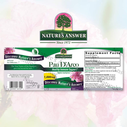 Nature'S Answee Pau D'Arco Inner Bark | Supports Healthy Immune System | Helps Maintain Intestinal Flora | Alcohol-Free, Gluten-Free, Kosher Certified & Vegan 90Ct
