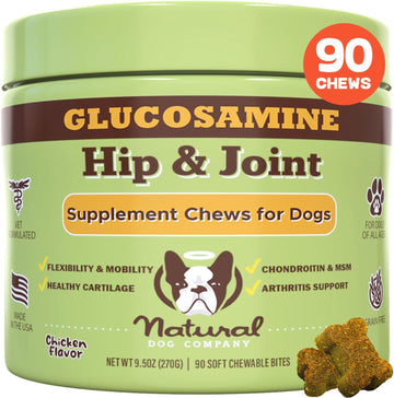 Natural Dog Company Hip & Joint Chews, Chicken Liver & Turmeric Flavor, with Glucosamine Chondroitin for Dogs, Maintains Bone and Joint Health, Supplements for Seniors and Puppies, 90 Count
