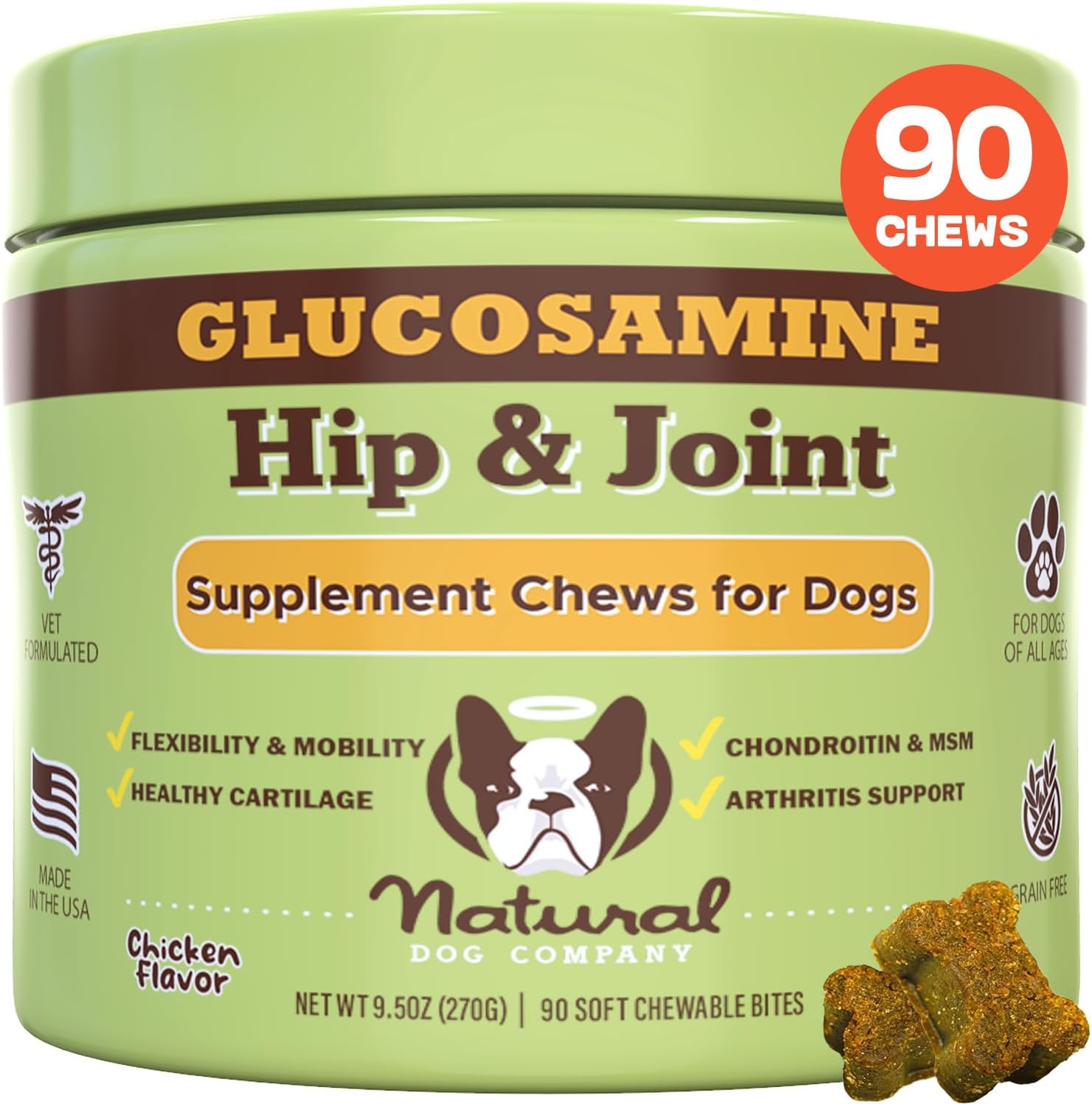 Natural Dog Company Hip & Joint Chews, Chicken Liver & Turmeric Flavor, With Glucosamine Chondroitin For Dogs, Maintains Bone And Joint Health, Supplements For Seniors And Puppies, 90 Count