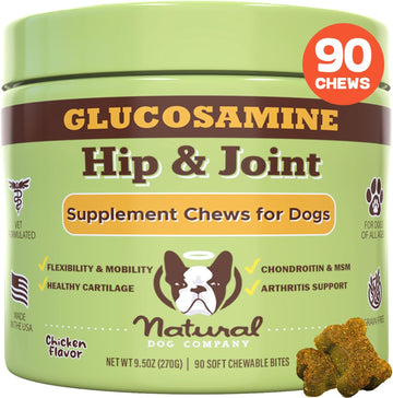 Natural Dog Company Hip & Joint Chews, Chicken Liver & Turmeric Flavor, With Glucosamine Chondroitin For Dogs, Maintains Bone And Joint Health, Supplements For Seniors And Puppies, 90 Count