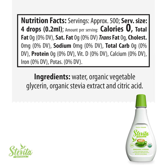 Stevita Organic Liquid Stevia - 3.3 Oz - All-Natural Sweetener, Zero Calories - Usda Organic, Non-Gmo, Vegan, Kosher, Keto, Paleo, Gluten Free - 500 Servings