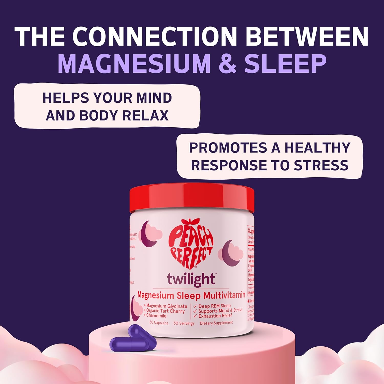 Peach Perfect Twilight Magnesium Glycinate Sleep Multivitamin Magnesium Supplement with Organic Tart Cherry, Chamomile, 5-HTP, L-Tryptophan, Natural Sleepy Girl Mocktail, 60 Capsules, 30 Servings : Health & Household