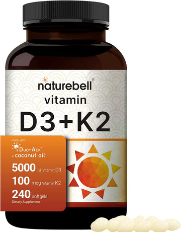 NatureBell Vitamin D3 5000 K2 (MK7) with Virgin Coconut Oil, 240 Softgels, 100mcg, 2 in 1 Support, Duo-Ack | 8 Months Supply | Third Party Tested, Non GMO & No Gluten