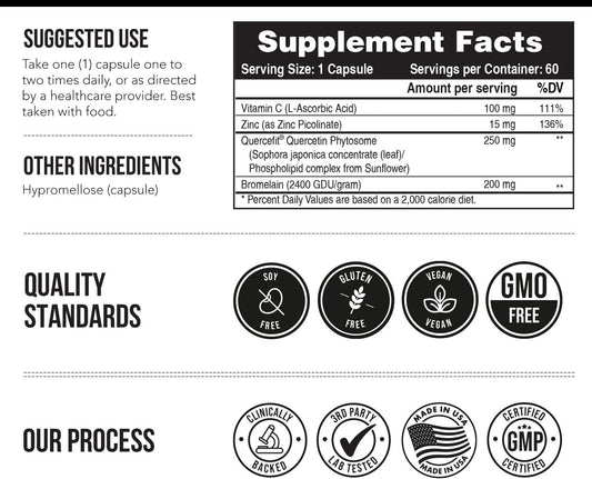Quercetin Complete Quercetin Phytosome With 50X Higher Absorption, Clinically Proven & Patented Quercefit  Most Effective Form Of Quercetin  Enhanced With Bromelain, Zinc & Vitamin C (60 Capsules)
