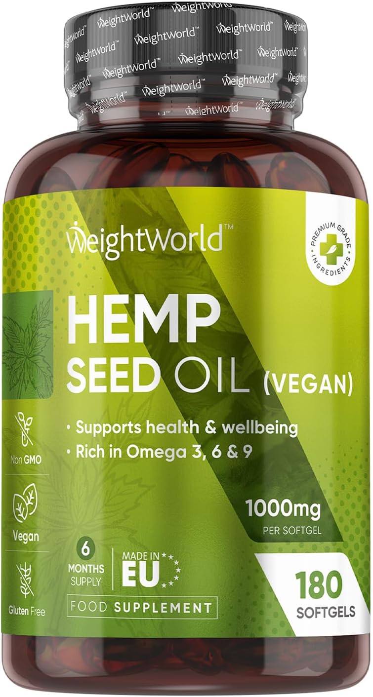 Hemp Seed Oil Capsules Softgels | 180 Omega 3 6 9 Capsules With Added Vitamin E | Cold-Pressed | 6 Months Supply | Supports Normal Blood Cholesterol Levels (Efsa) | 1 Softgel A Day