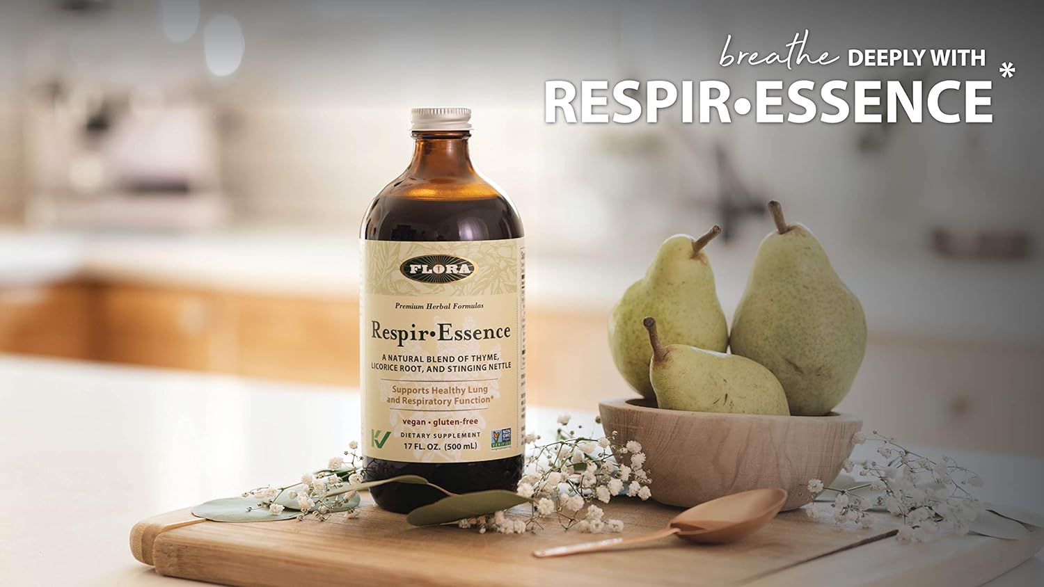 Flora - Respir-Essence Natural Lung & Breath Aid, Natural Blend of Thyme, Licorice Root and Stinging Nettle, Vegan and Gluten-Free, 17-fl. oz. Glass Bottle : Health & Household