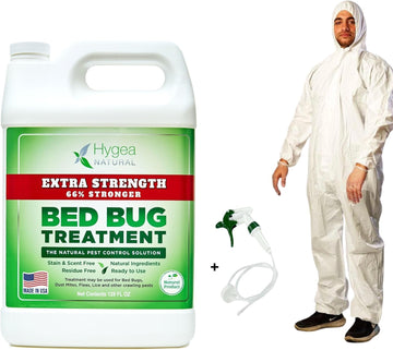 Extra Strength Bed Bug Spray (128 Oz) & 3X-Large Unisex Adult Coveralls (1 Pack) Bundle - Treat & Protect Bed Bugs, Dust, Mites, Lice, Fleas - Child & Pet Safe Natural Formula