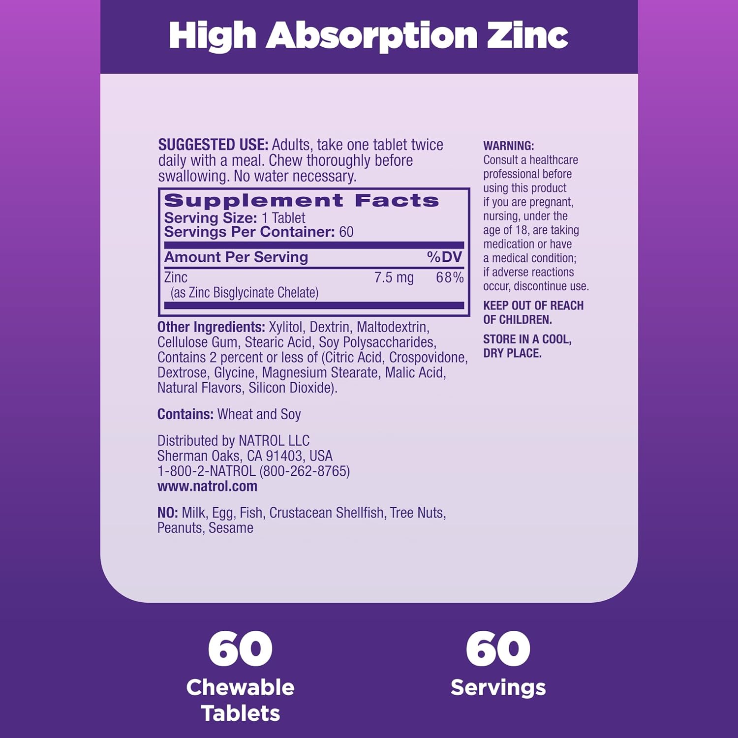 Natrol High Absorption Zinc 7.5 mg per Serving, Dietary Supplement for Immune Health, Chewable Tablets for Adults, 60 Zinc Tablets, 60 Day Supply : Health & Household