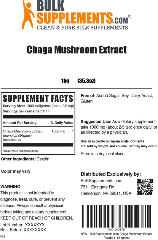 BulkSupplements.com Chaga Mushroom Extract Powder - Mushroom Supplement, Chaga Mushrooms Powder, Chaga Extract - Chaga Powder, Vegan & Gluten Free - 1000mg per Serving, 1kg (2.2 lbs)