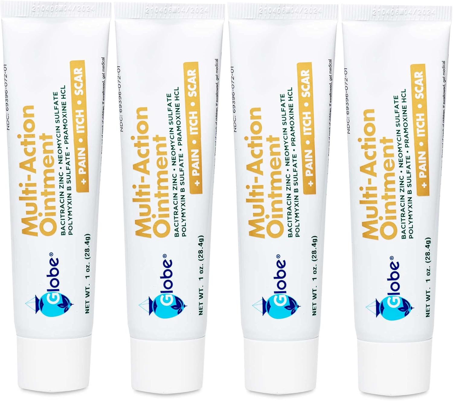 (4 Pack) Globe (1 Oz) First Aid Antibiotic Pain, Anti-Itch, & Scar Ointment With Neomycin, Bacitracin Zinc, Pramoxine Hcl & Polymyxin B, For Minor Cuts, Scrapes & Burns