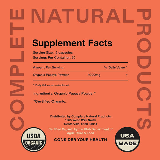 Complete Natural Products Organic Papaya Enzymes & Papain Enzyme Capsules - 500mg 100 Pills, Organic Papaya Powder Digestive Super Fruit Capsules