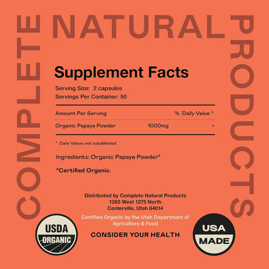 Complete Natural Products Organic Papaya Enzymes & Papain Enzyme Capsules - 500Mg 100 Pills, Organic Papaya Powder Digestive Super Fruit Capsules
