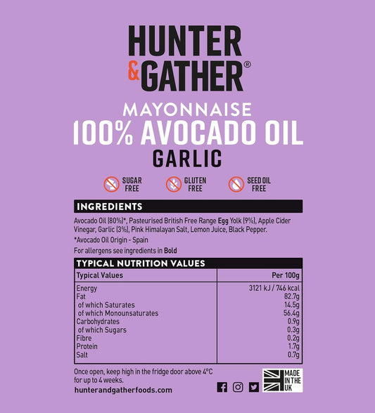 Hunter & Gather Garlic Avocado Oil Mayonnaise 2 X 175G | Seed Oil Free I Made With Pure Avocado Oil & British Free Range Egg Yolk | Paleo, Keto, Sugar And Gluten Free Avocado Mayo
