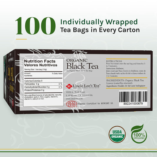 Uncle Lee'S Tea Organic Black Tea - Premium Tea, Full-Bodied, Caffeinated Coffee Alternative, Robust Black Tea Bags, Individually Wrapped 100 Count