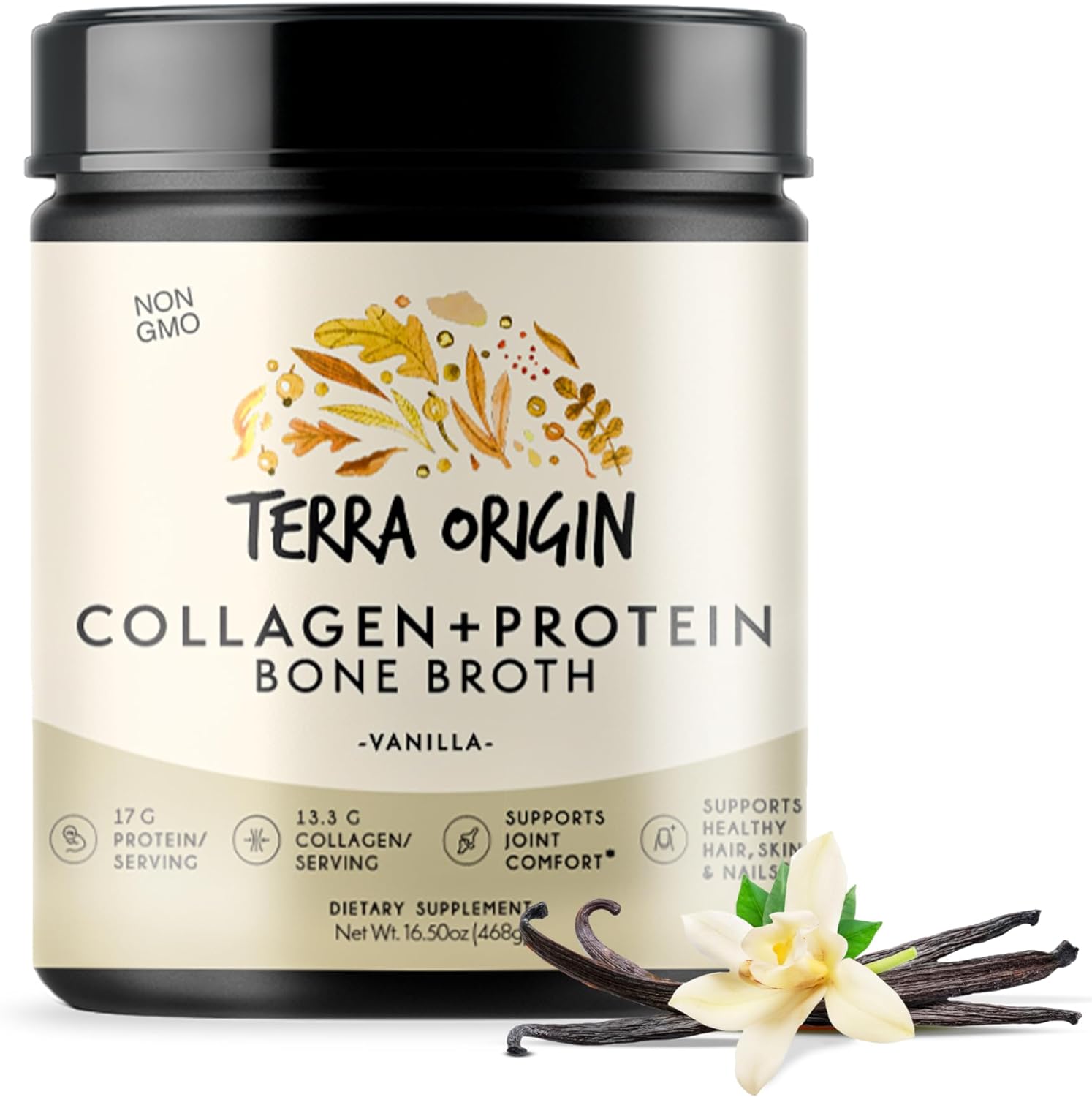 Terra Origin Collagen Protein Bone Broth Powder, Natural Collagen From Real Whole Food Sources With 17G Protein, For Hair, Skin, Nail And Joint Support, 20 Servings, Vanilla