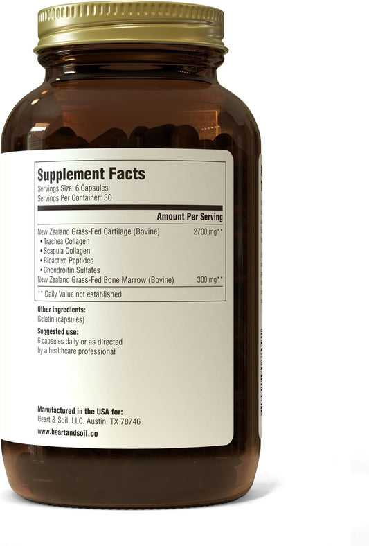 Heart & Soil Grass Fed Joint Support Supplement - Bovine Tracheal Cartilage Immune Support Capsules - Joint Health Supplement For Women, Men, & Seniors - Non Gmo Dietary Supplement - 180 Capsules