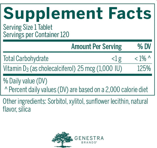 Genestra Brands D3 1000 Chewable | Vitamin D Supplement | 120 Chewable Tablets | Natural Blackcurrant Flavor