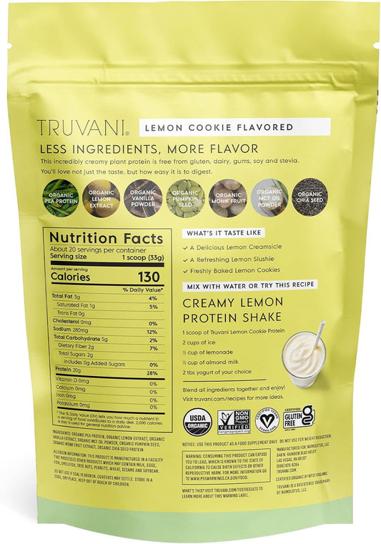 Truvani Vegan Pea Protein Powder | Lemon Cookie | 20G Organic Plant Based Protein | 20 Servings | Keto | Gluten & Dairy Free | Low Carb | No Added Sugar