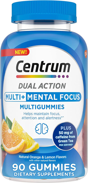 Centrum Multigummies Multi+ Dual Action Mental Focus Adult Multivitamin With Caffeine From Green Tea, Supports Mental Focus, Attention And Alertness, Lemon/Orange Flavors - 90 Count