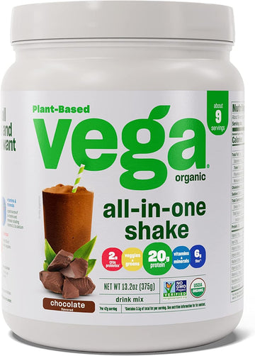 Vega Organic All-In-One Vegan Protein Powder, Chocolate - Superfood Ingredients, Vitamins For Immunity Support, Keto Friendly, Pea Protein For Women & Men, 13.2 Oz (Packaging May Vary)