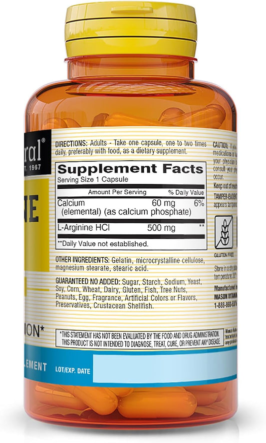 MASON NATURAL L-Arginine 500 mg with Calcium- Supports Healthy Circulation & Vascular Function, Nitric Oxide Supplement, 60 Capsules