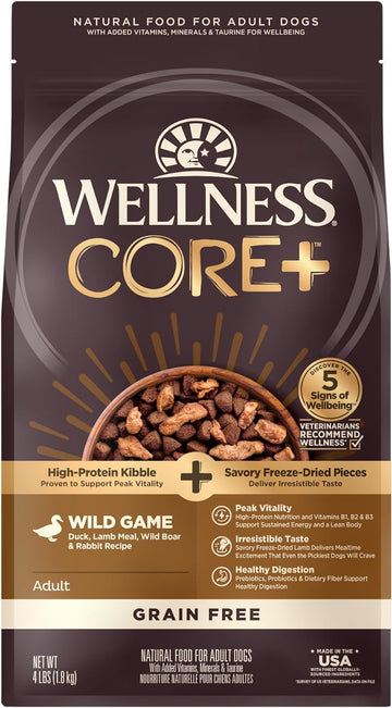Wellness CORE+ Natural Grain Free Dry Dog Food, Wild Game Duck, Wild Boar & Rabbit with Freeze Dried Lamb, 4-Pound Bag