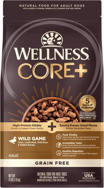 Wellness Core+ (Formerly Rawrev) Natural Grain Free Dry Dog Food, Wild Game Duck, Wild Boar & Rabbit With Freeze Dried Lamb, 4-Pound Bag