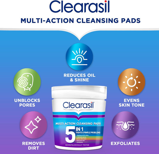 Clearasil 5-In-1 Multi-Action Cleansing Salicylic Acid Pads, Face Exfoliating For Acne Prone Skin, Unblock Pores, Reduces Blackheads, Pimples & Excess Oil, Everyday Spot Prevention, 65's (Pack Of 2)