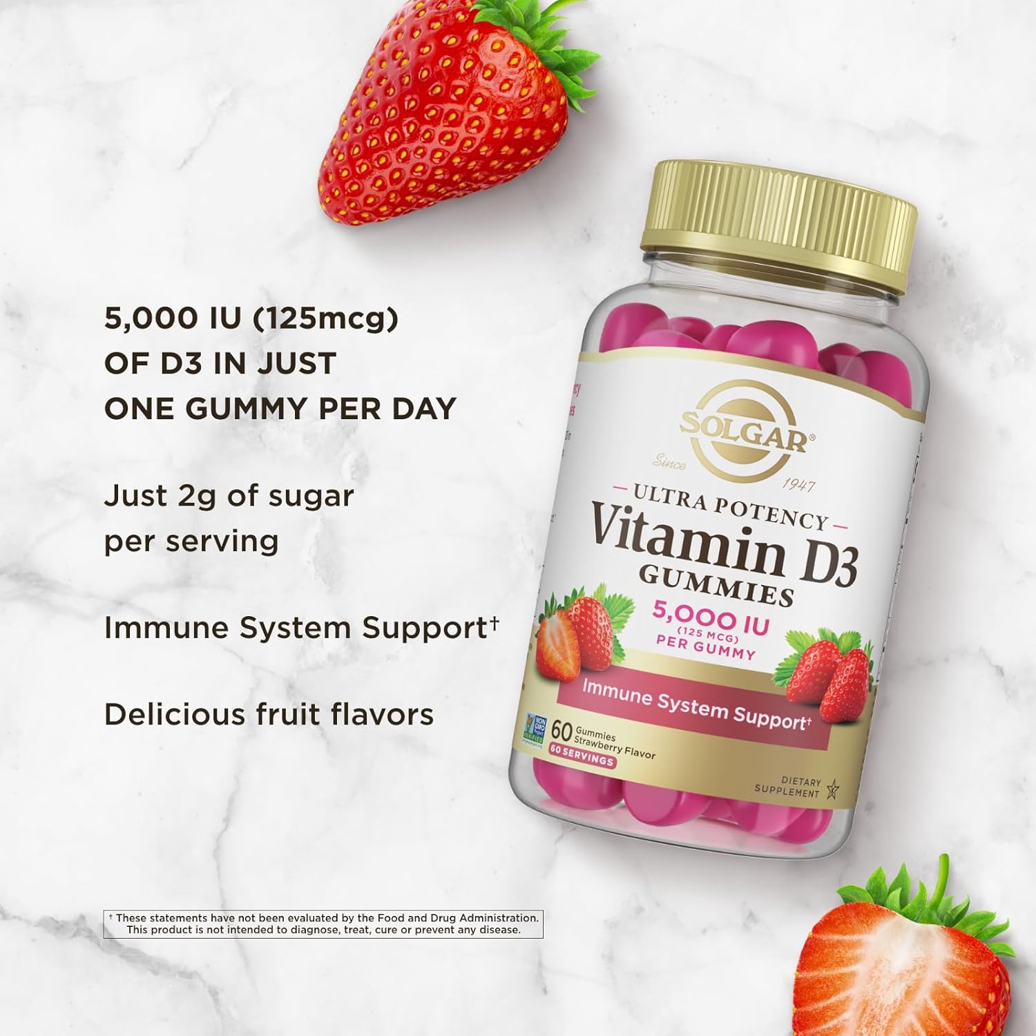 Solgar Vitamin D3 Gummies for Adults 5,000IU Ultra Potency Vitamin Immune System Support for Women & Men - Tasty Strawberry Flavor, Gluten & Gelatin Free Gummy, 2 Month Supply, 60 Servings, 2g Sugar : Health & Household