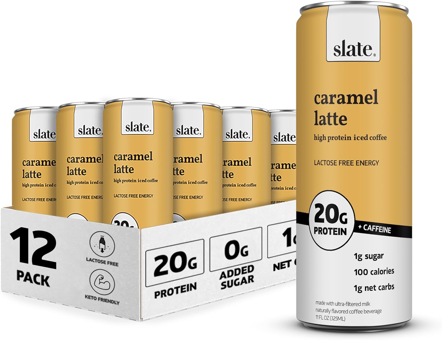 Slate Milk - High Protein Iced Coffee - Caramel Latte - 175Mg Caffeine, Lactose Free Energy - 20G Protein, 1G Sugar, 100 Calories, 1G Net Carbs, No Sugar Added - Protein Coffee - 11 Fl Oz, 12 Cans