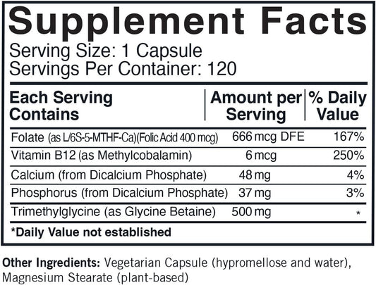 Tmg (Trimethylglycine) 500 Mg W/Folinic Acid & B12 Capsules - Hypo 120 Capsules