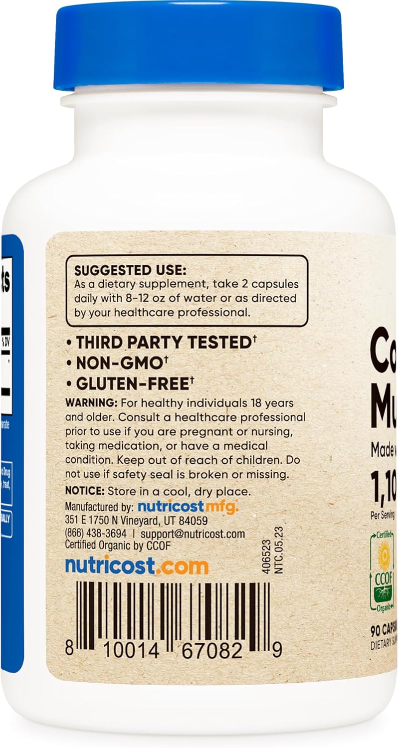 Nutricost Cordyceps Mushroom Capsules 1100mg, 45 Serv - CCOF Certified Made with Organic, Vegetarian, Gluten Free, 550mg Per Capsule (90 Capsules)