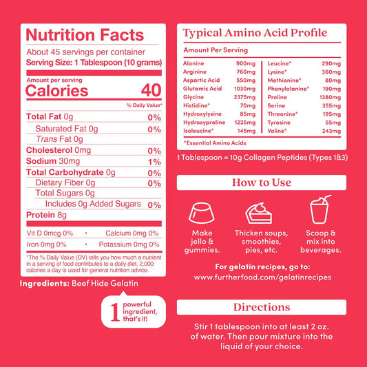 Further Food Gelatin | Grass-Fed, Pasture-Raised, Non-Gmo | Unflavored, Excellent Source Of Collagen | Pure Beef Gelatin Powder (Large 31.74Oz)