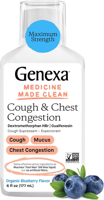 Genexa Liquid Cough & Chest Congestion Medicine For Adults | Multi-Symptom Maximum Strength Relief Cough Syrup | Cough Suppressant & Expectorant | Delicious Organic Blueberry Flavor | 6 Fluid Ounces