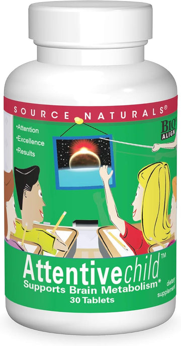 Source Naturals Attentive Child - Healthy Cognitive Nutrients For Active Children - Improved Focus & Attention With Dmae, Magnesium, Zinc & Grape Seed Extract - 30 Tablets