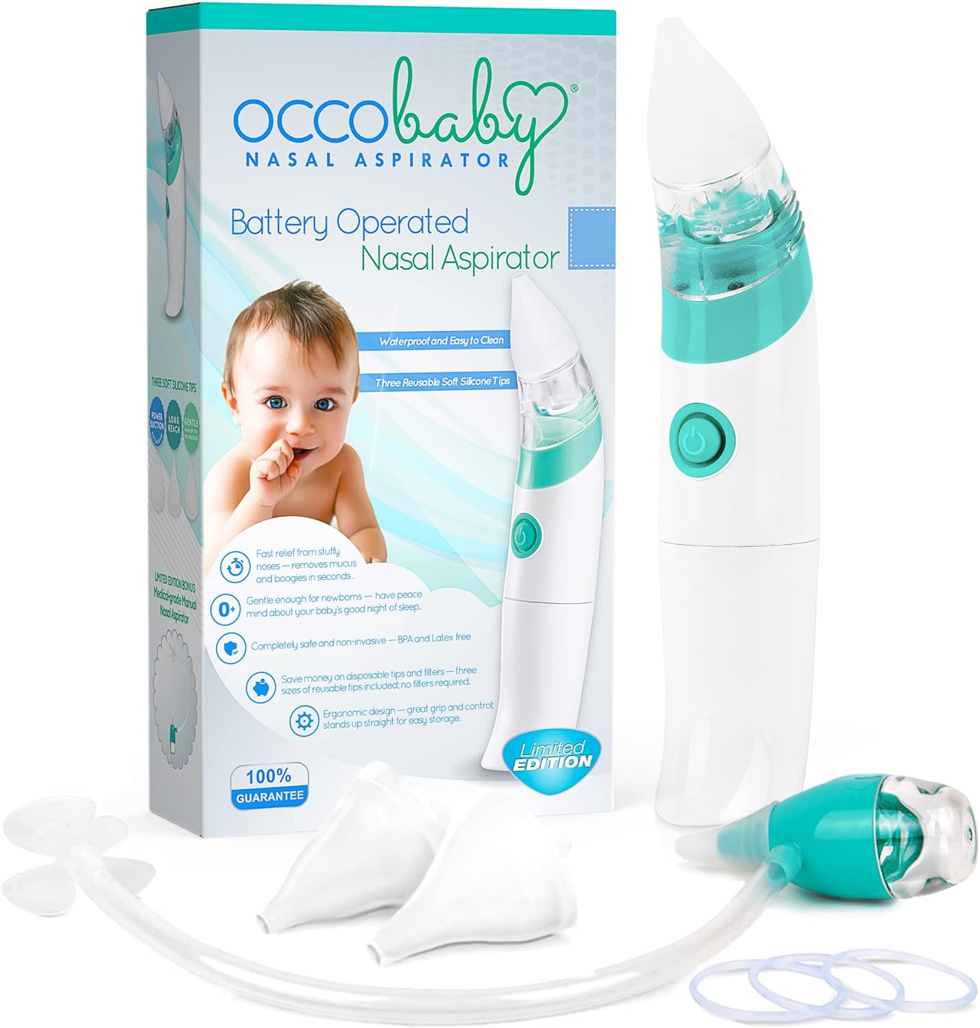 OCCObaby Baby Nasal Aspirator - 2 PK Baby Nose Suction Kit- Battery Operated Baby Nose Cleaner and Manual Baby Nose Sucker for Newborns, Infants and Toddlers - Congestion Relief for Babies